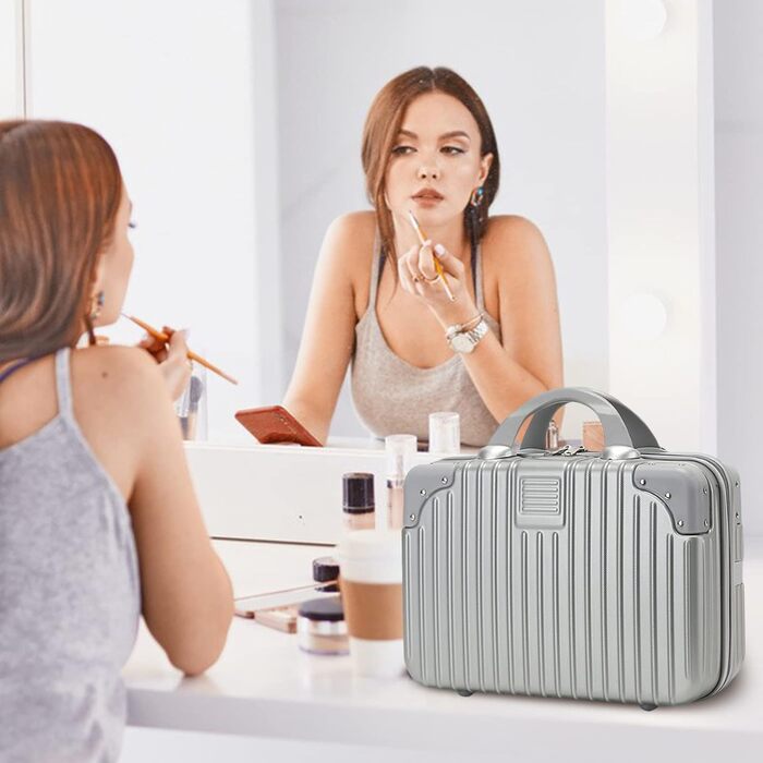 Waterproof Cosmetic Case Makeup Bag Lightweight Carry-on Beauty Case with Handle and Zipper, Women's Wear-resistant Hard Shell Travel Vanity Bag for Trip (Silver)