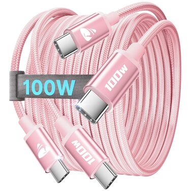 Кабель USB-C на USB-C [2 шт.] 100W, 3м + 3м, рожевий. Підтримка PD, швидка зарядка, для iPhone, Samsung, iPad, MacBook, Pixel, Switch