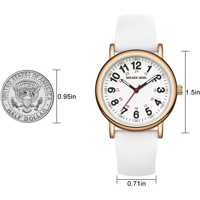 Водонепроникні годинники для медсестер GOLDEN HOUR - годинники для медичних працівників, студентів, жінок та чоловіків, з підсвічуванням, 24 години, секунди, силіконовий ремінець (рожеве золото/білий)