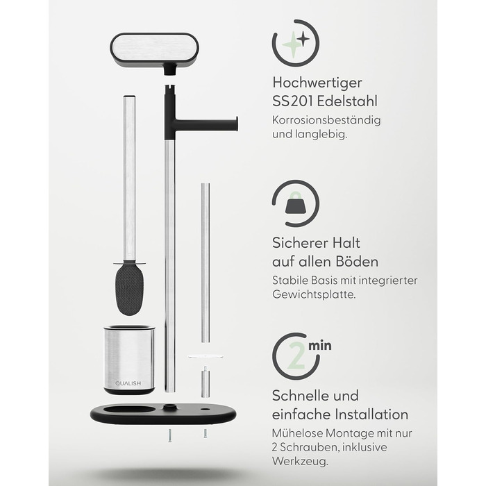 QUALISH Stainless Steel Toilet Paper Holder with Brush - Standing Toilet Paper Roll Holder with Silicone Brush - White & Black Finish