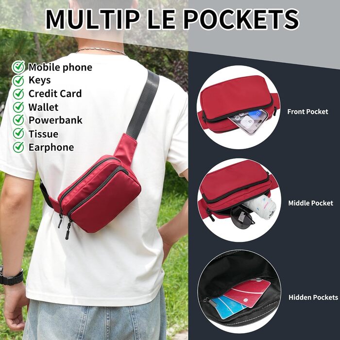 Поясна сумка на пояс, на стегно, унісекс, з регульованим ремінком, 30 см, для подорожей, активного відпочинку, прогулянок з собакою, чоловіча та жіноча (червона)