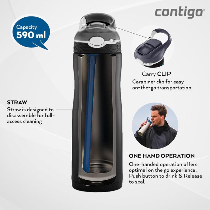 Contigo Ashland Chill Autospout Stainless Steel Water Bottle with Straw, Leak-Proof, Insulated Bottle for Sports, Biking, Hiking, 590 ml, (Matte Black)