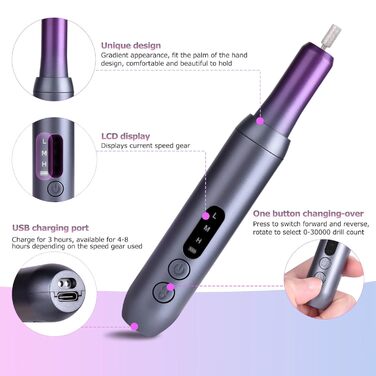 Електричний нагрівач для гелевих нігтів (манікюр/педикюр) з LCD-дисплеєм, 30000 об/хв, 3 швидкості, USB, сірий/фіолетовий