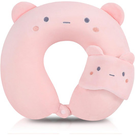 Подушка для шиї з принтом котика, зручна у подорожах: авто, літак, поїзд, кемпінг. Memory Foam, рожева