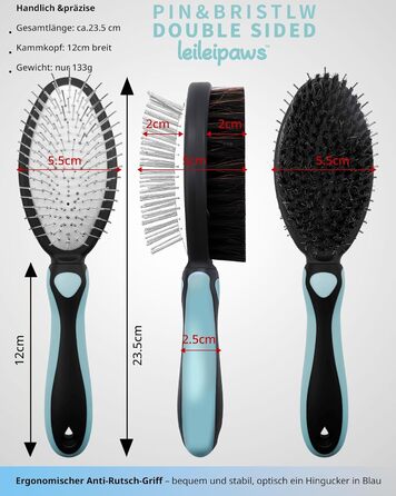 Двостороння щітка для собак та котів - розпушувач для довгої та короткої шерсті, металеві щетинки та натуральна щетина, ергономічна ручка TPR, м'який та ефективний догляд за шерстю (Синьо-Чорний)