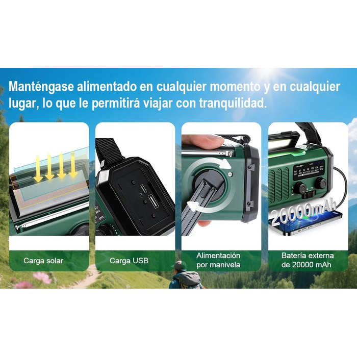 Радіостанція на сонячній енергії з живленням від ручки 20000 mAh з SOS-сигналом, FM/AM, ліхтарик, компас, для кемпінгу та надзвичайних ситуацій (зелене)