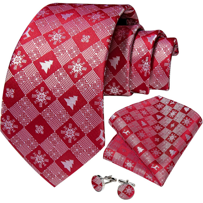 Набір краватки на Різдво для чоловіків DiBanGu: краватка, нагрудна хустинка та краваткові застібки (червоно-білий сніжинка)