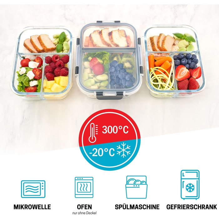 Набір контейнерів для їжі Igluu Meal Prep (3 шт.) – 980 мл, з 3 відділеннями, з боросилікатного скла, BPA-free, підходить для мікрохвильовки, духовки, морозильної камери та мийки посуду, витікання неможливе