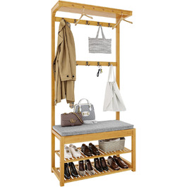 VIAGDO Wardrobe Clothes Rack with Shoe Bench, Clothes Stand with 5 Storage Shelves, Wardrobe with Shoe Shelf, 10 Double Hooks, Entryway Wardrobe for Hallway and Bedroom (104 x 33 x 175 cm) (70x33x175 cm)