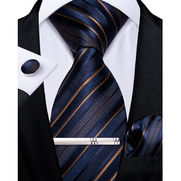 Набір краваток чоловічий DiBanGu з шовковим смугастим та клітинчастим візерунком, з кишеньковим хустинкою, краватковою застібкою та манжетонами (синій та золотий)