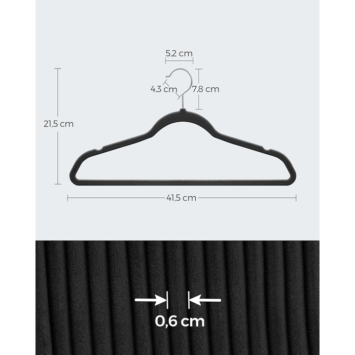 Плечики для одягу SONGMICS, велюрові, 20 шт., для сорочок, жакеток, костюмів, 41.5 см, чорні