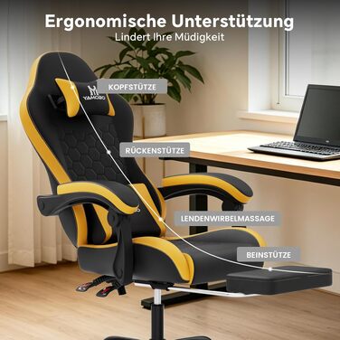 Ігрове крісло Racing Ergonomic з підставкою для ніг та масажним подушкою під поперек, навантаження до 150 кг, екошкіра, офісне крісло (Чорно-жовте)
