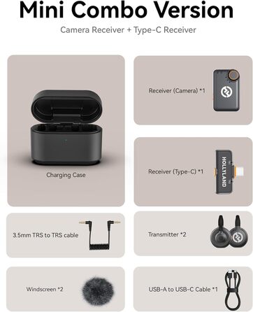 Hollyland Lark M2S Бездротовий мікрофон-лапка з USB-C для iPhone 15/16 та Android, кліпса Titan, Plug-and-Play, шумозаглушення, 300 м радіус дії, 27 годин роботи від акумулятора для Vlogging (2 передавачі + 2 приймачі + зарядний пристрій), Чорний