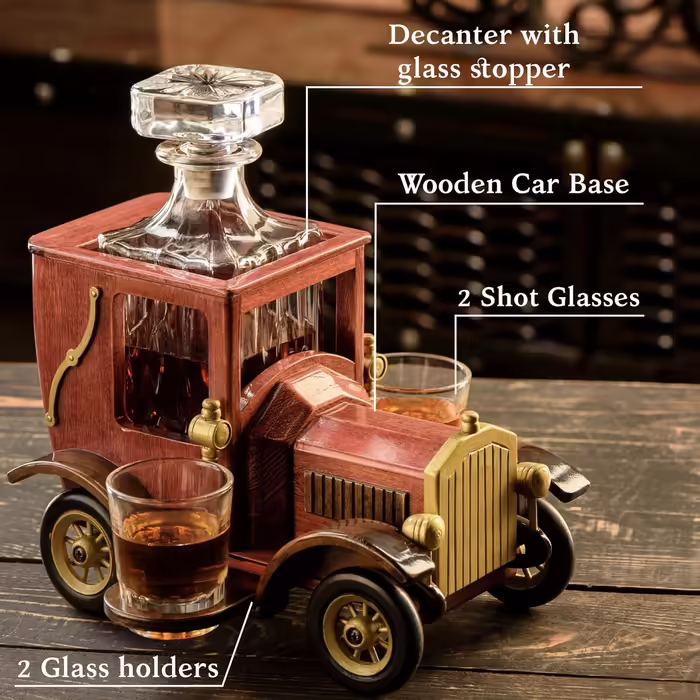Kemstood Whiskey Decanter (945 ml) - Decanter Set with Crystal Glasses and Vintage Car Stand by Kemstood - Personalized Set for Men - Bar Accessories for Alcohol - Whiskey Gift Set