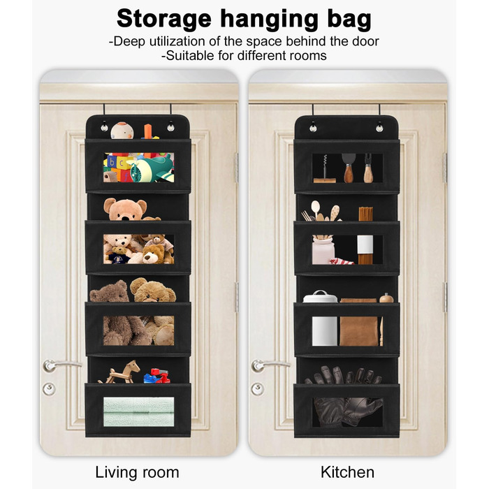 Настінна вішалка-органайзер на двері з 4 великими кишенями та прозорим вікном, 2 металеві гачки, чорний колір, для спальні, офісу, дитячої кімнати