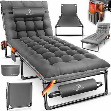 Ліжко кемпінгове розкладне KESSER® преміум 190x68x30 см, до 250 кг, з подушкою, кишенею та підсклянником, для дому та відпочинку (Антрацит/Сірий)