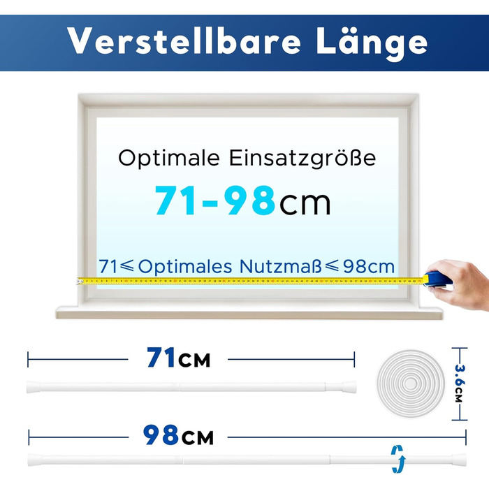Штанга для карнизів без свердління – діаметр 25 мм, 1 шт. Регульована телескопічна штанга для кріплення, для штор, душової завіси та гардеробу (білий, 71-98 см)
