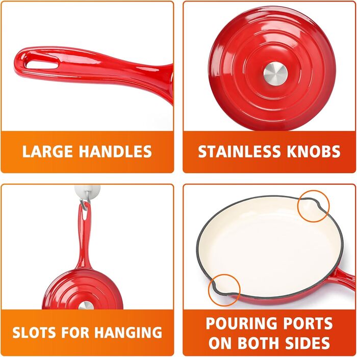 Набір чавунної емальованої посуду Denmay 7 предметів: голландська піч, сковорода, каструля для тушкування, соусник, 3 кришки, червоний. Підходить для всіх типів плит.