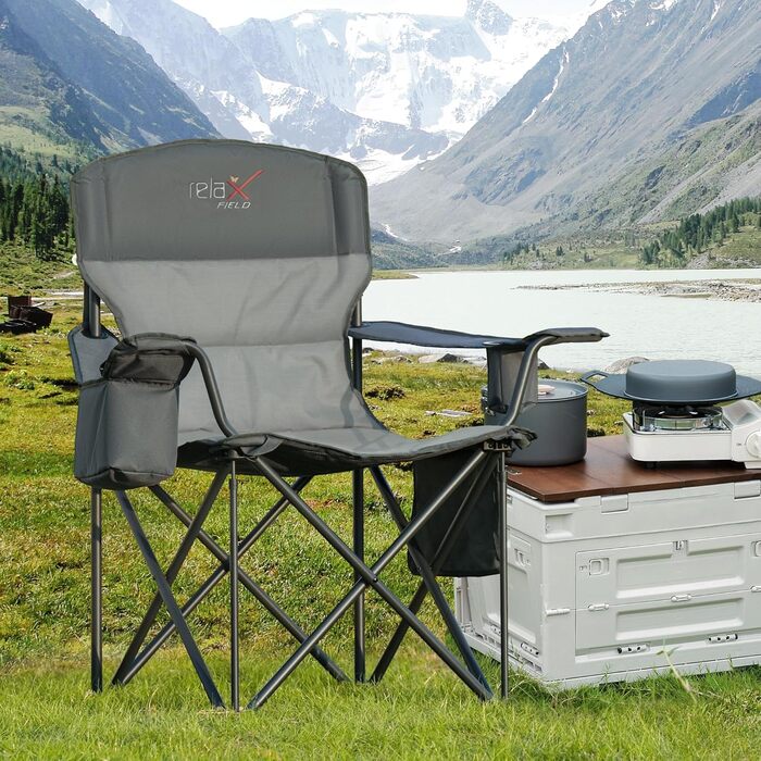 Розкладний стілець для кемпінгу RELAX FIELD 200KG з підстаканником та сумкою-холодильником, рибальський стілець, сірий (2 шт)