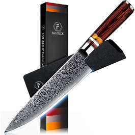 Професійний кухонний ніж FANTECK Gyuto 20 см з дамаської сталі VG-10, 67 шарів, японський шеф-ніж із руків'ям з пакка-дерева у подарунковій коробці