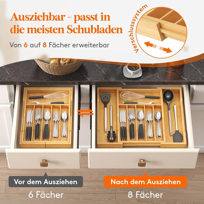 Органайзер для столових приборів Lifewit для шухляд 43 см, дерев'яний, розширюваний (31-53 см), бежевий