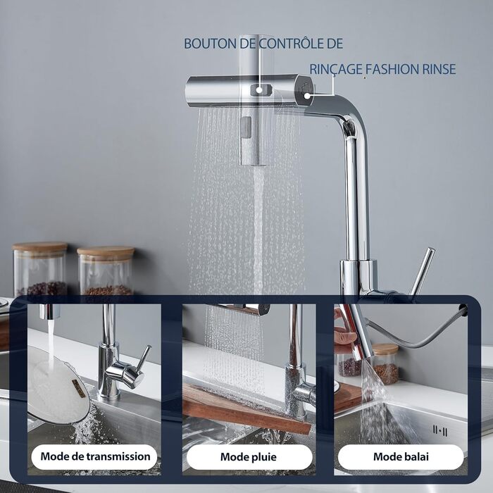 Змішувач для кухні BELZ з висувною лійкою, 3 режими, поворотний на 360°, з нержавіючої сталі SUS304, матовий хром