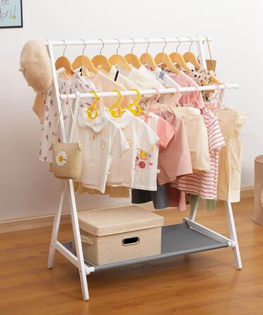 Дитяча вішалка для одягу Yorbay з бамбука, подвійна регульована штанга, полиці для зберігання, біла