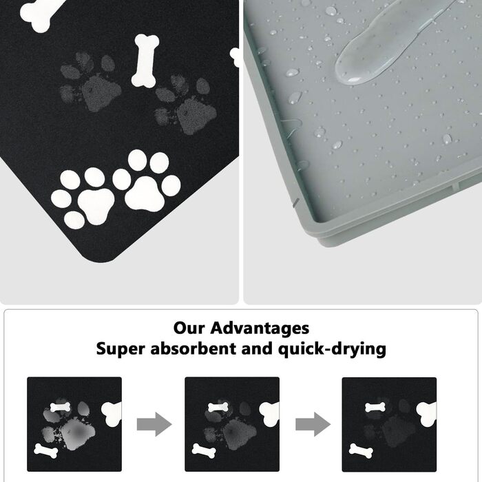 Килимок для годування домашніх тварин, надпоглинувач, для собак та котів, з антиковзким гумовим дном, швидковисихаючий, можна прати, 40 x 60 см, 2 пари малюнків лап, чистий чорний кістяний візерунок