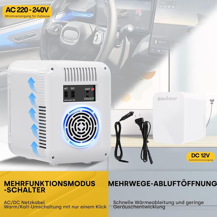 Mini холодильник Enventor 10L з двома режимами (охолодження/нагрівання), 12V/220V, для авто, кімнати, офісу, косметики, тихий