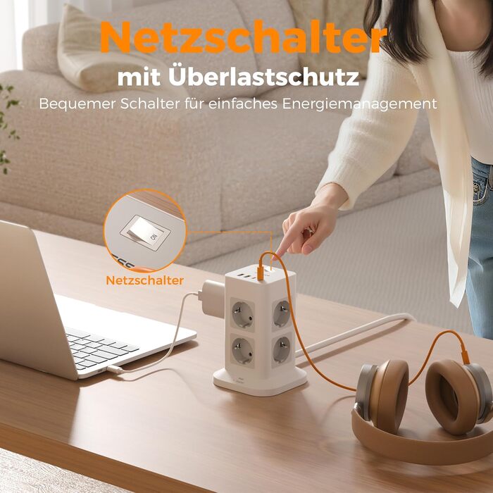 Розподільник розеток TESSAN з 8 розеток, 2 USB-C, захистом від перенапруги, 4 USB, вимикачем та кабелем 2м (сірий/білий)
