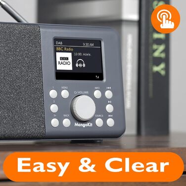 Портативне цифрове радіо MD3 DAB/DAB+/FM з Bluetooth, динаміком та навушниками, 40 станцій, будильник, годинник, таймер, кольоровий дисплей, батарея та мережа (темно-сірий)