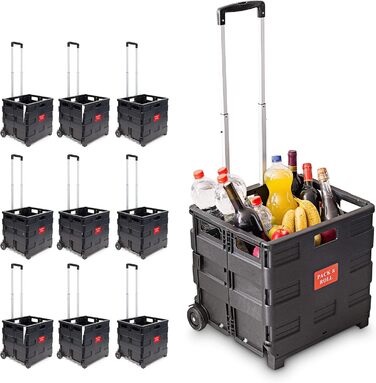 Relaxdays Shopping Trolley, Folding, Shopping Cart up to 35 kg, Adjustable Handle, With Wheels, HxWxD: approx. 100 x 42 x 37 cm, black (pack of 10)