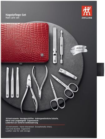 Набір для манікюру ZWILLING Kroko Edition (10 предметів), червоний. Набір для догляду за нігтями рук та ніг, шкіряний етиу з металевим каркасом, нержавіюча сталь, полірована.