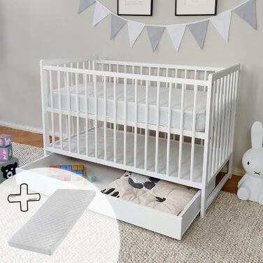 Kids Collective Baby Bed with Mattress and Drawer, Toddler Bed, Crib, Cot, Baby, Child, 60x120 complete set, height adjustable & removable slats | White Wood Boy Girl 60 x 120 cm with drawer + mattress White