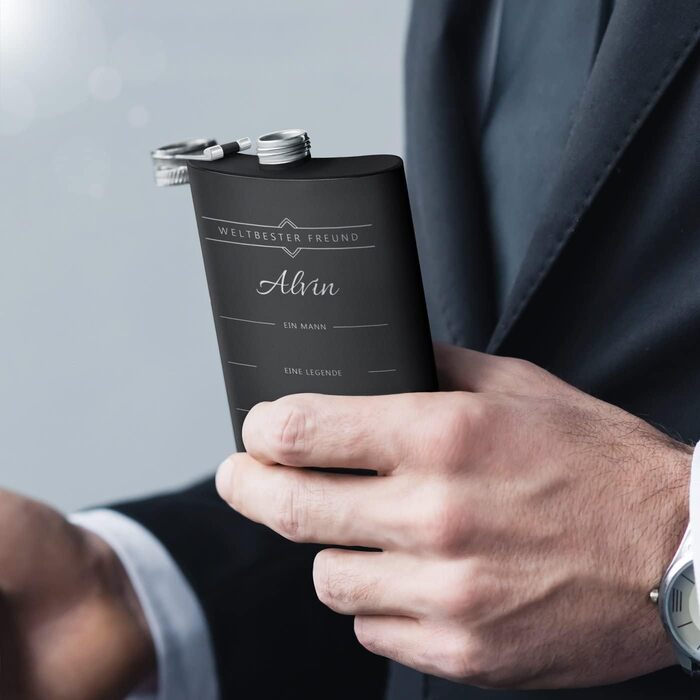 Набір Maverton Flachmann Set: фляга 200 мл з гравіюванням + 4 склянки для шнапсу 20 мл з воронкою - чорна фляга для чоловіків (Дружба)