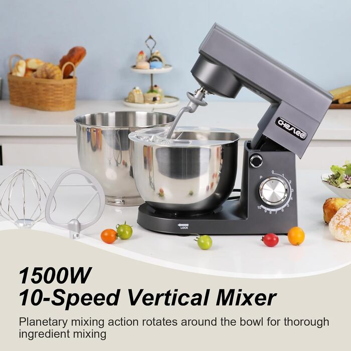 Кухонна машина Cheflee 1500W з місткими чашами 4.5 та 5.5л з нержавіючої сталі, 10+ швидкостей, набір насадок (міксер, гак для тіста, вінчик, захист від бризок) (Darkgrey)