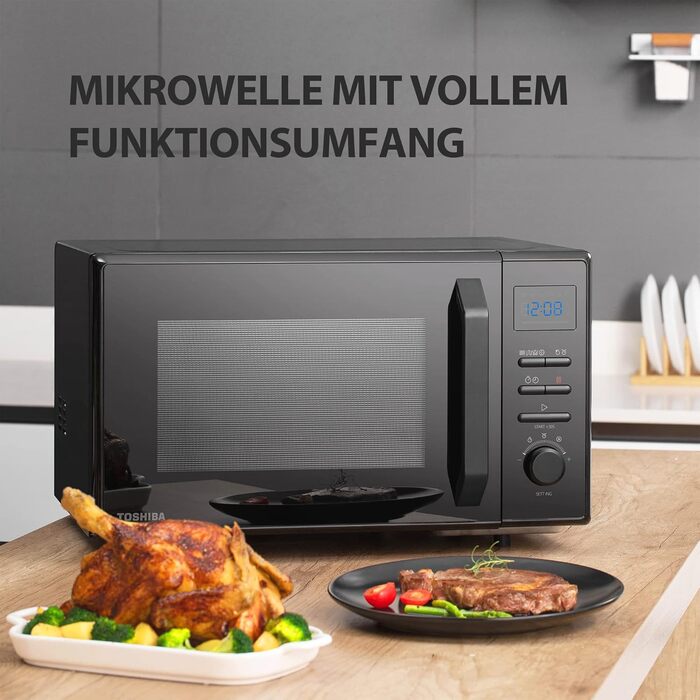 Мікрохвильова піч Toshiba 4-в-1 Freistehend MW2-AC25TF(BK) з конвекцією, грилем та комбінованою функцією, 25л, 900W, 1100W (гриль), 2100W (конвекція), емальоване покриття, пам'ять позиції обертового столу, чорний колір