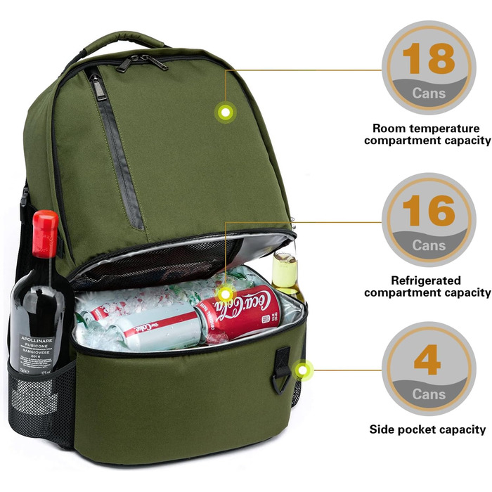 28L Insulated Cooler Backpack - Double Layer Small Thermal Backpack for Camping, Picnic, Travel (Green)