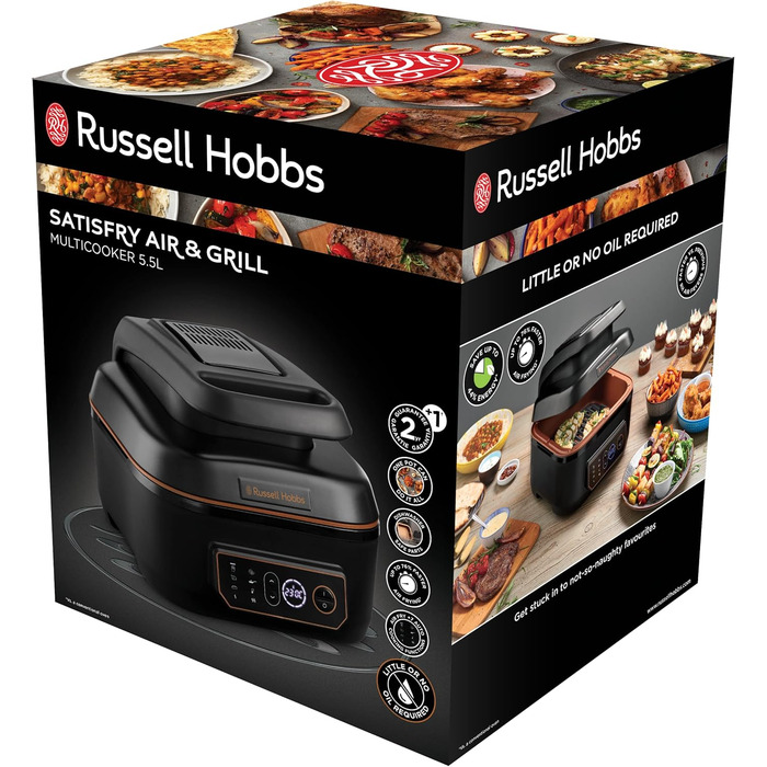 Аерофритюрниця Russell Hobbs SatisFry XL 5,5 л, мультифункціональна, Rapid Air, електрична, гриль, мультикухар, антипригарна, підходить для посудомийної машини, верхнє та нижнє нагрівання, повільне приготування, випічка, модель 26520-56