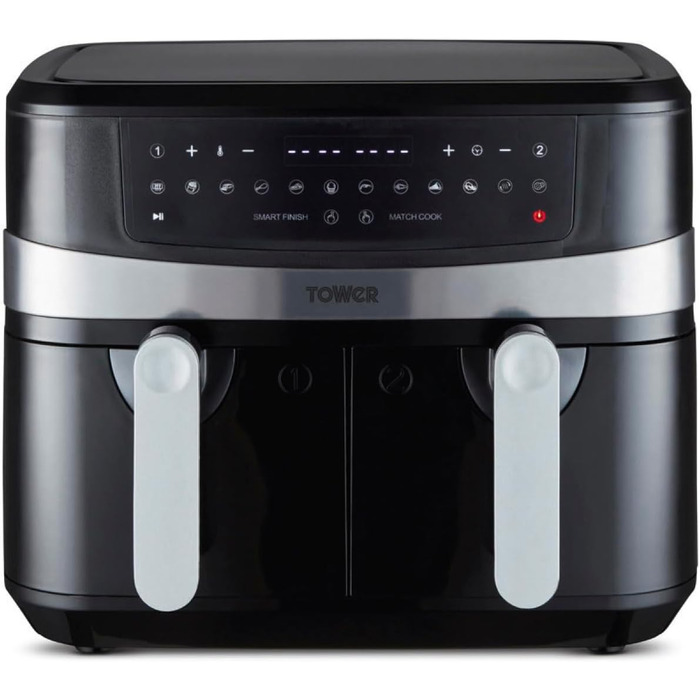 Фритюрниця Tower T17088 Vortx 9 л з двома кошиками, подвійна аерофритюрниця на 2600 Вт, чорна, Smart Finish, 2 камери