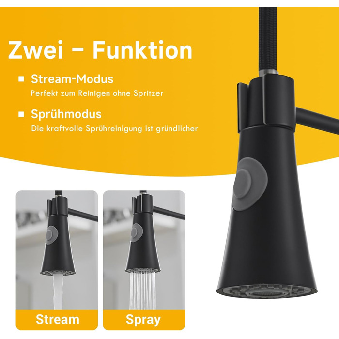 Кухонний змішувач TIMACO з поворотним гусаком 360° та висувною лійкою, чорний, з щіткою з нікелю