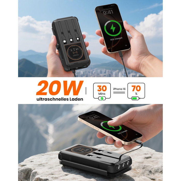 Портативний зарядний акумулятор A ADDTOP Solar 25000mAh з сонячною панеллю та 3 кабелями - 20W швидка зарядка, USB-C, для кемпінгу та подорожей (Чорний)