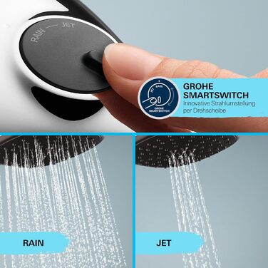 GROHE Vitalio 110 - 14l per minute (2 spray patterns, standard connection, silicone ring protects against falls, with 150cm shower hose), round, chrome, 26972001 (hand shower)