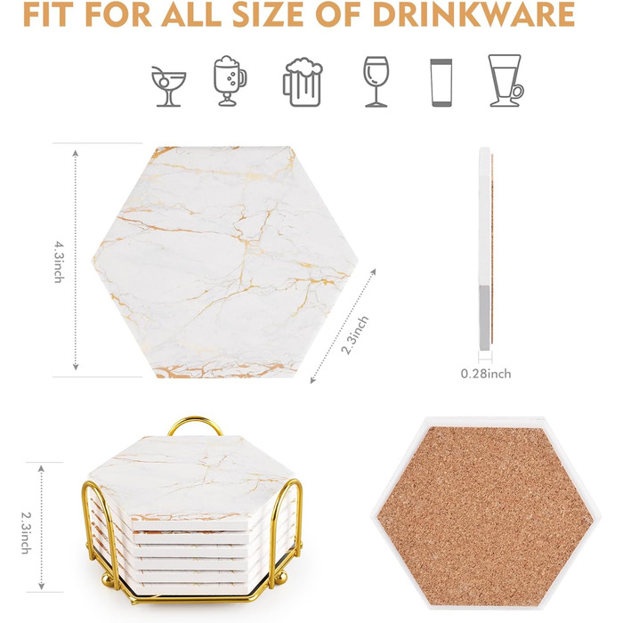 Marble-Style Coasters, Set of 6 - Drink Coasters for Wood Table with Metal Holder - Gold-Colored Ceramic Cup Set - Rustic Home Decor, Room Decor, Party (Luxury White-Gold Marble 01)