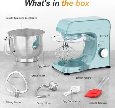 Кухонний комбайн-міксер 1300W з планетарним змішуванням, чаша 5.5л з нержавіючої сталі, 10 швидкостей, набір насадок та захист від бризок, Блакитний