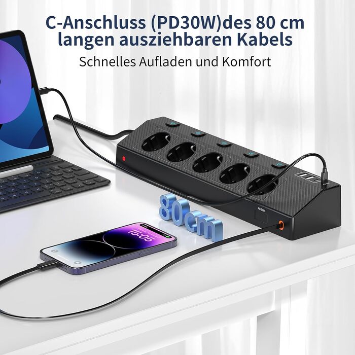 Настільний мережевий фільтр з 5 розетками та 2 USB-C (PD 30W), подовжувач з вимикачем, 4000W, кабель 2м, чорний
