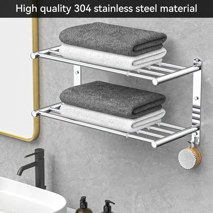 Adjustable 17-30 Inch Towel Bar for Bathroom Kitchen Towel Holder Dishcloth Hanger SUS304 Stainless Steel Wall Mount No Drill (Double Layer Towel Holder)