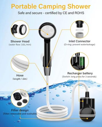 Portable Camping Shower with Pump - Rechargeable Battery Powered Camping Shower Set with 1.8m Hose - Camping Shower Set for Garden, Camping, Car Washing, and Pet Washing