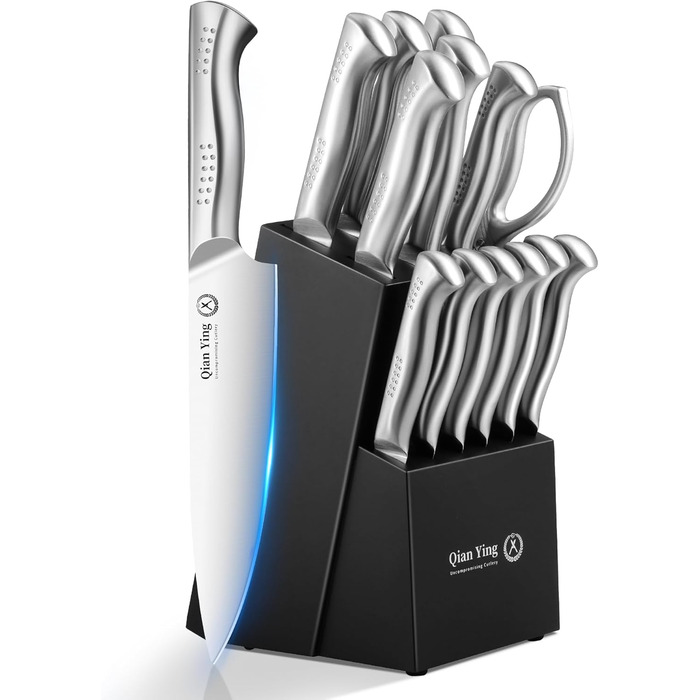 Набір кухонних ножів Qianying з блоком: 14 предметів. Набір ножів з підставкою, точилка, срібний колір. Кухонні ножі, подарунок для мами. Преміум якість.