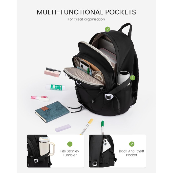 LOVEVOOK Рюкзак для підлітка, шкільний рюкзак для дівчинки 5 клас, рюкзак для дитини з нагрудною стрічкою, легка жіноча сумка, дитячий рюкзак LOVEVOOK від 8 років для школи, університету, дозвілля, 15.6' (Чорний, 17,3 дюйми)